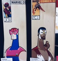 Marvel covers on wood